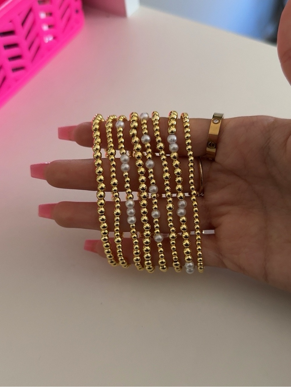Gold Beaded Pearl Accent Stretch Bracelet Set